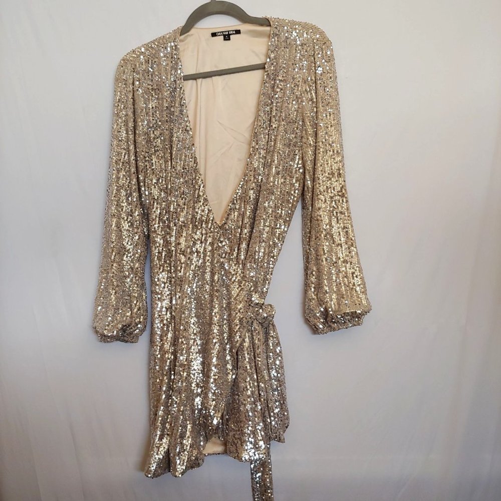Gianna Bini All Over Crossover Silver Sequin Dress Sequin Belt Balloon Sleeve M